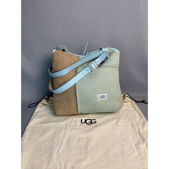 Ugg Tote Hobo Purse Shoulder Bag Bucket Sherpa Shearling Wool Baby Blue Tan - Picture 4 of 12